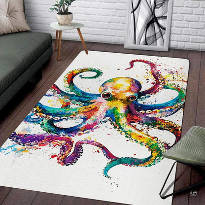 Rainbow watercolor octopus living room area rug with vibrant multicolored paint splatters on white - thumbnail image 1 of 7