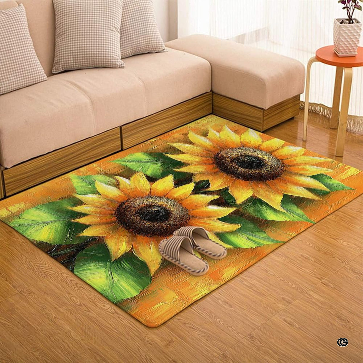 Overhead flat view of rectangular twin sunflowers living room area rug