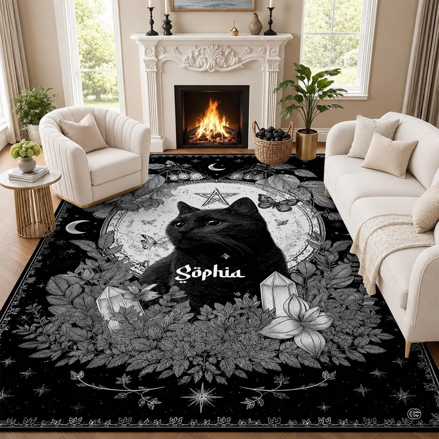 Personalized Witch Area Rug with Name - Custom Halloween Rug, Black Cat & Raven Floor Carpet, Spooky Gothic Home Decor, Non Slip Rugs (Style 3)
