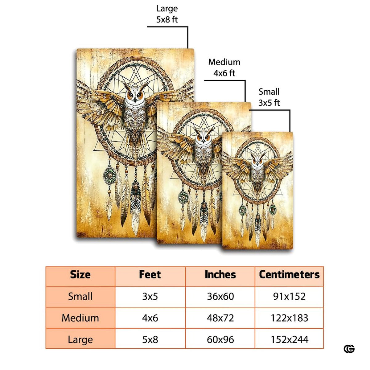 Barn owl boho dream catcher area rug styled in an earthy living room with wooden furniture. - image 4 of 8