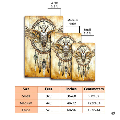 Barn owl boho dream catcher area rug styled in an earthy living room with wooden furniture. - thumbnail image 4 of 8