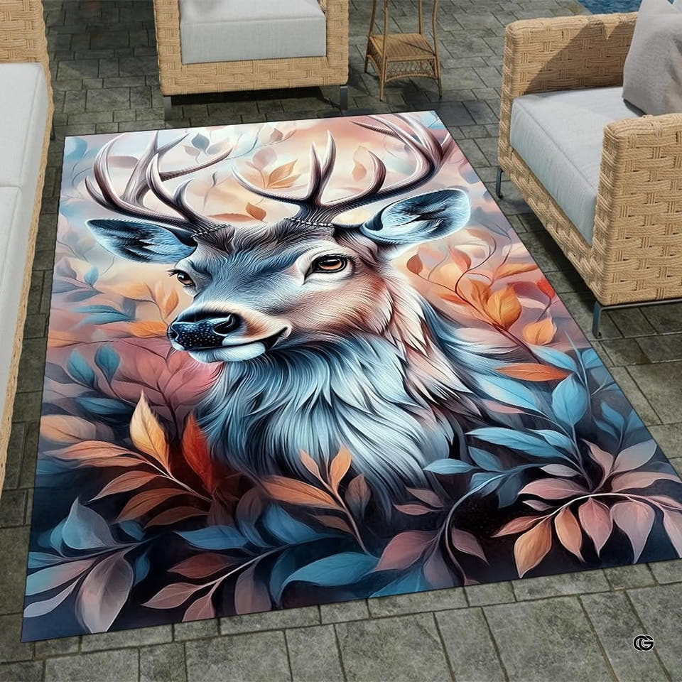 Artistic deer buck portrait and autumn foliage illustration rectangular area rug.