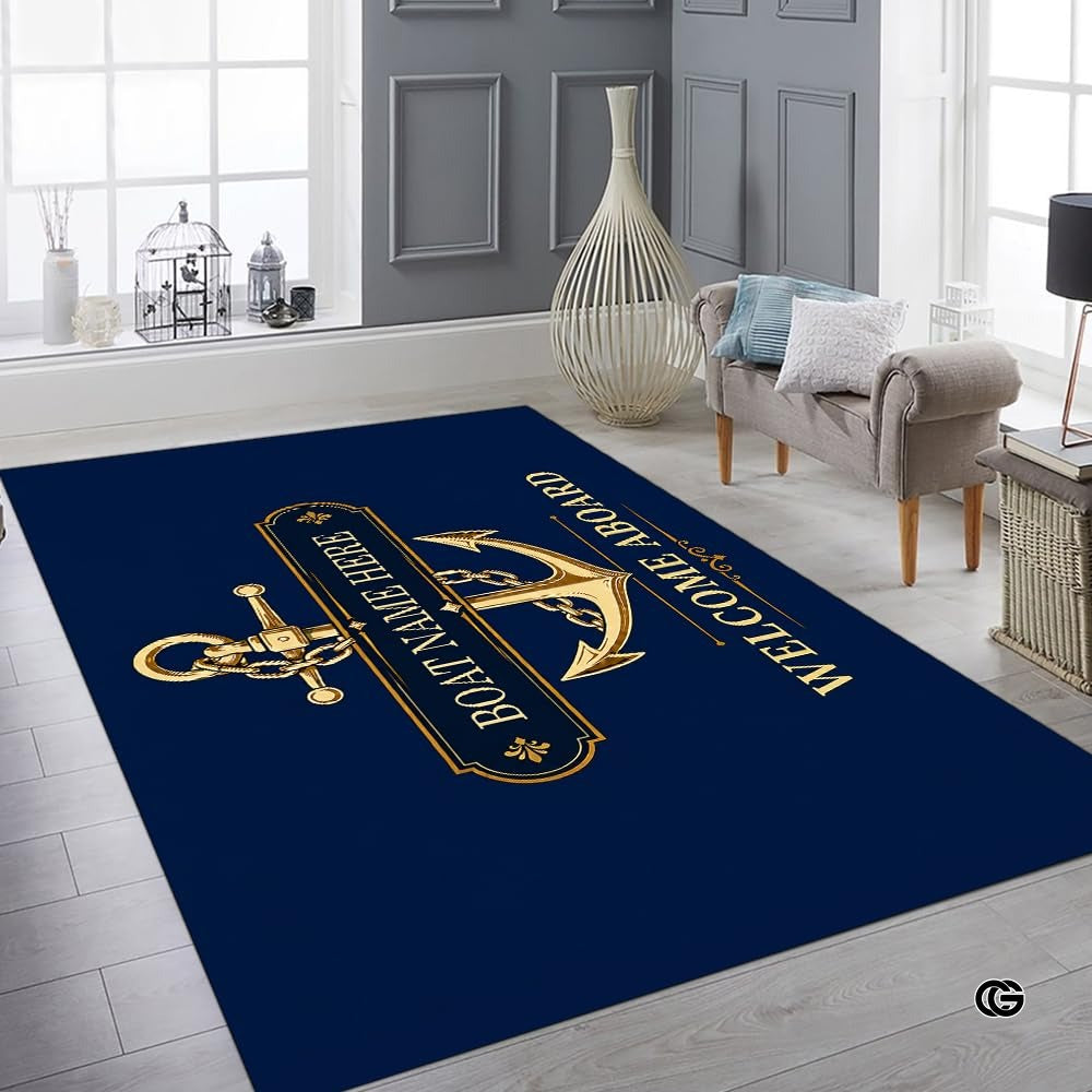 Custom Boat Rug, Personalized Welcome Aboard Mat with Boat Name, Nautical Area Rug for Deck, Entryway or Floor, Anchor Marine Decor, Boating Gift (Boat Rug 09)
