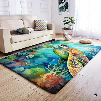 Coastal living room styling displaying bright aquatic tones and saturated sea turtle art beside modern seating. - thumbnail image 4 of 7