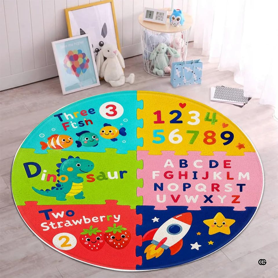 Classroom area rug featuring educational alphabet and number grid with cartoon animals in thematic accent blue and mint...