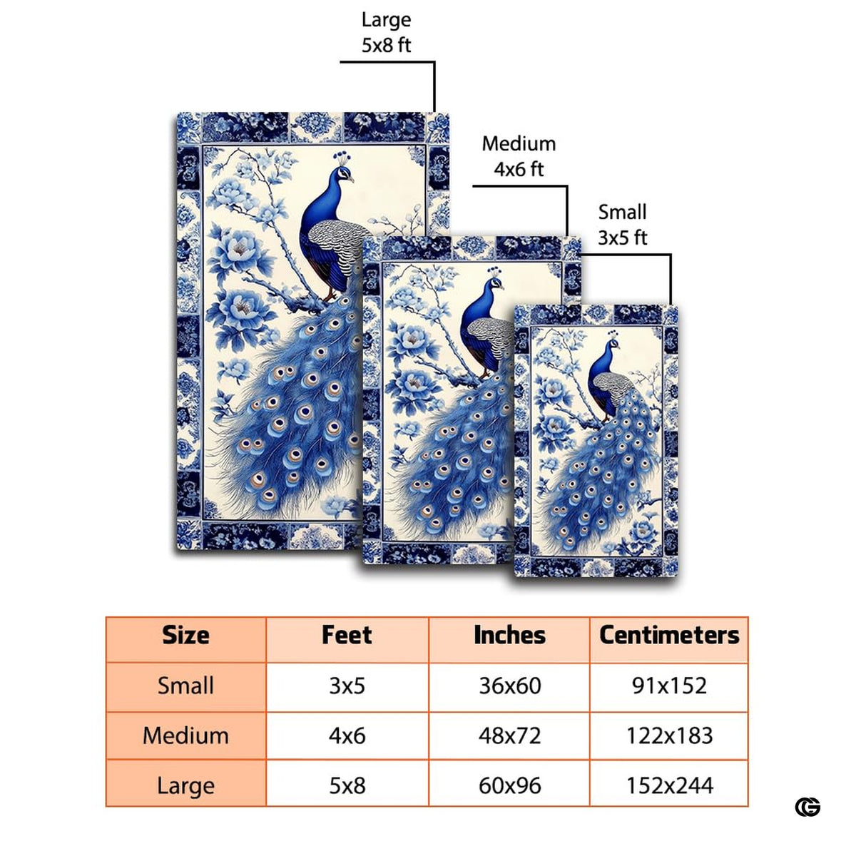 Chinoiserie peacock rug styled in a brightly lit modern living room displaying intricate blue plumage detail. - image 2 of 7