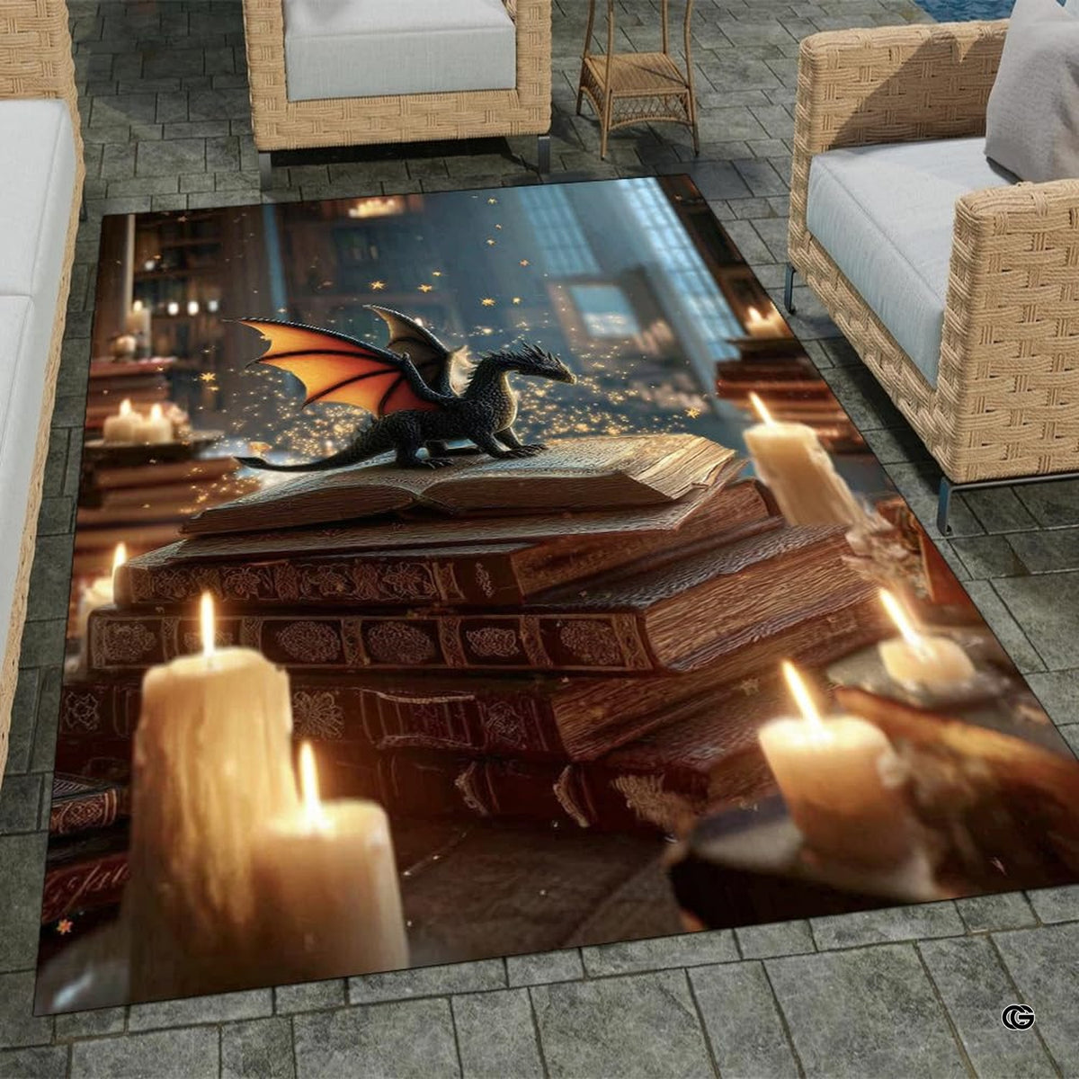 Miniature fantasy dragon with luminous orange wings resting on open spellbook illuminated by candlelight area rug.