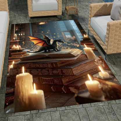 Miniature fantasy dragon with luminous orange wings resting on open spellbook illuminated by candlelight area rug. - thumbnail image 1 of 8