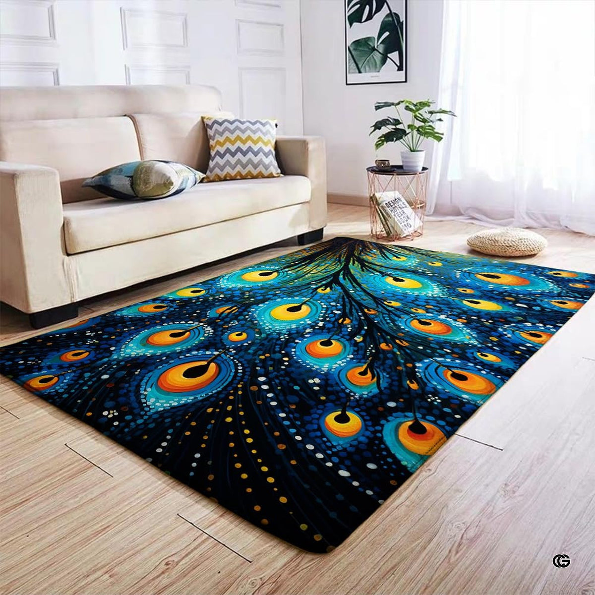 Stylized plume motif with golden yellow eyes set decorative accent midnight blue textures.