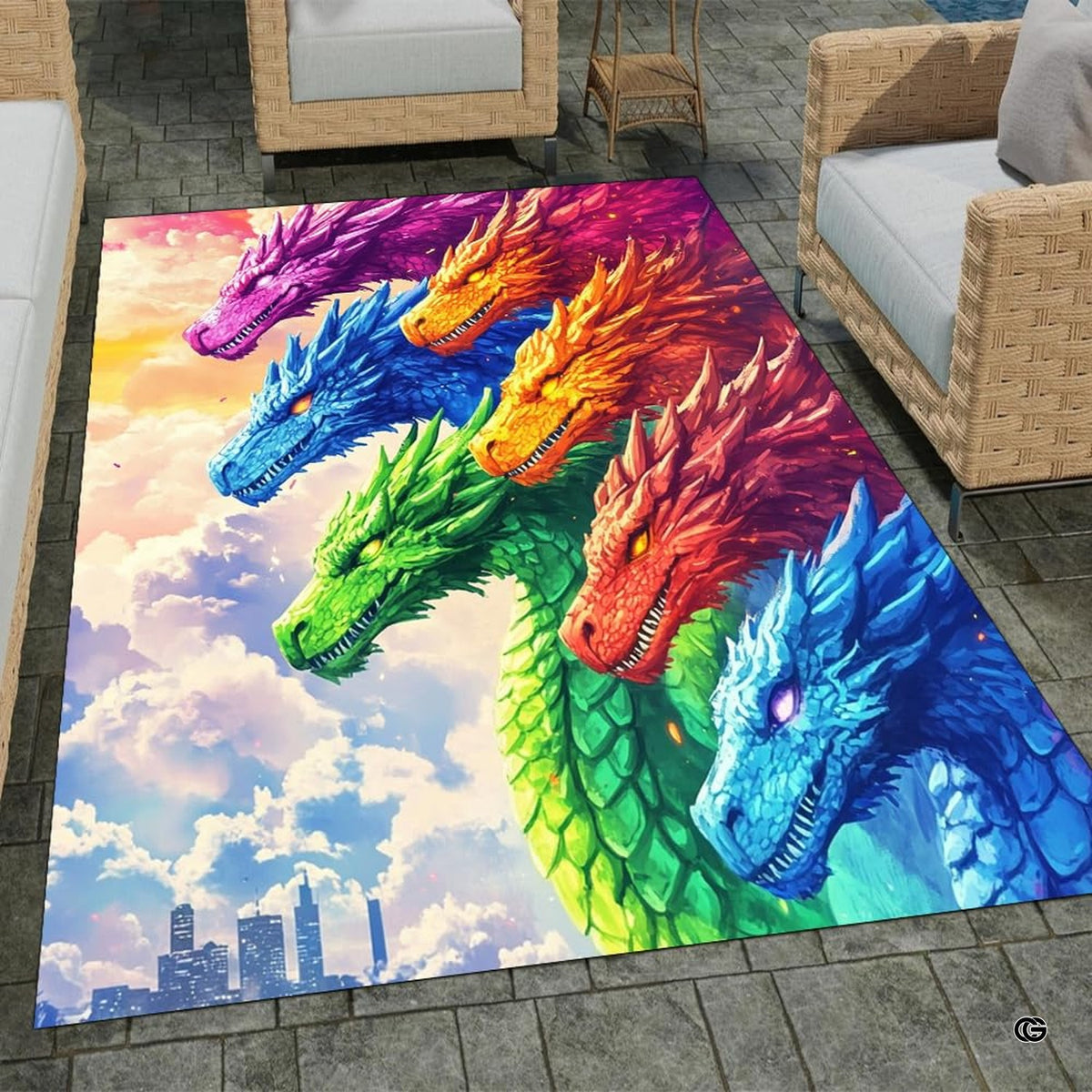 Bright area rug featuring colorful stylized fantasy dragons soaring over city buildings and clouds