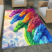 Bright area rug featuring colorful stylized fantasy dragons soaring over city buildings and clouds - thumbnail image 1 of 8
