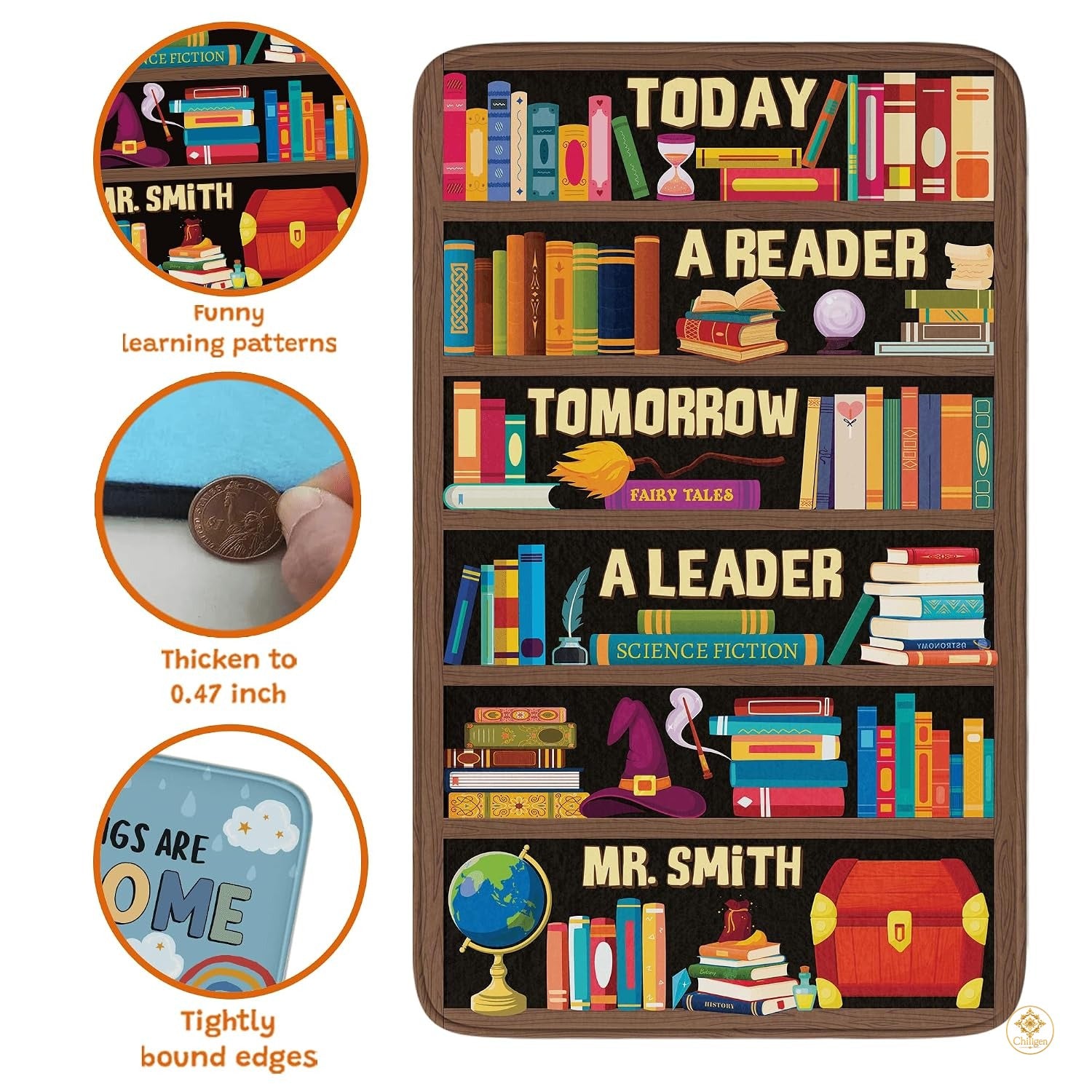 Custom Classroom Welcome Mat with Library and Bookshelf Detail