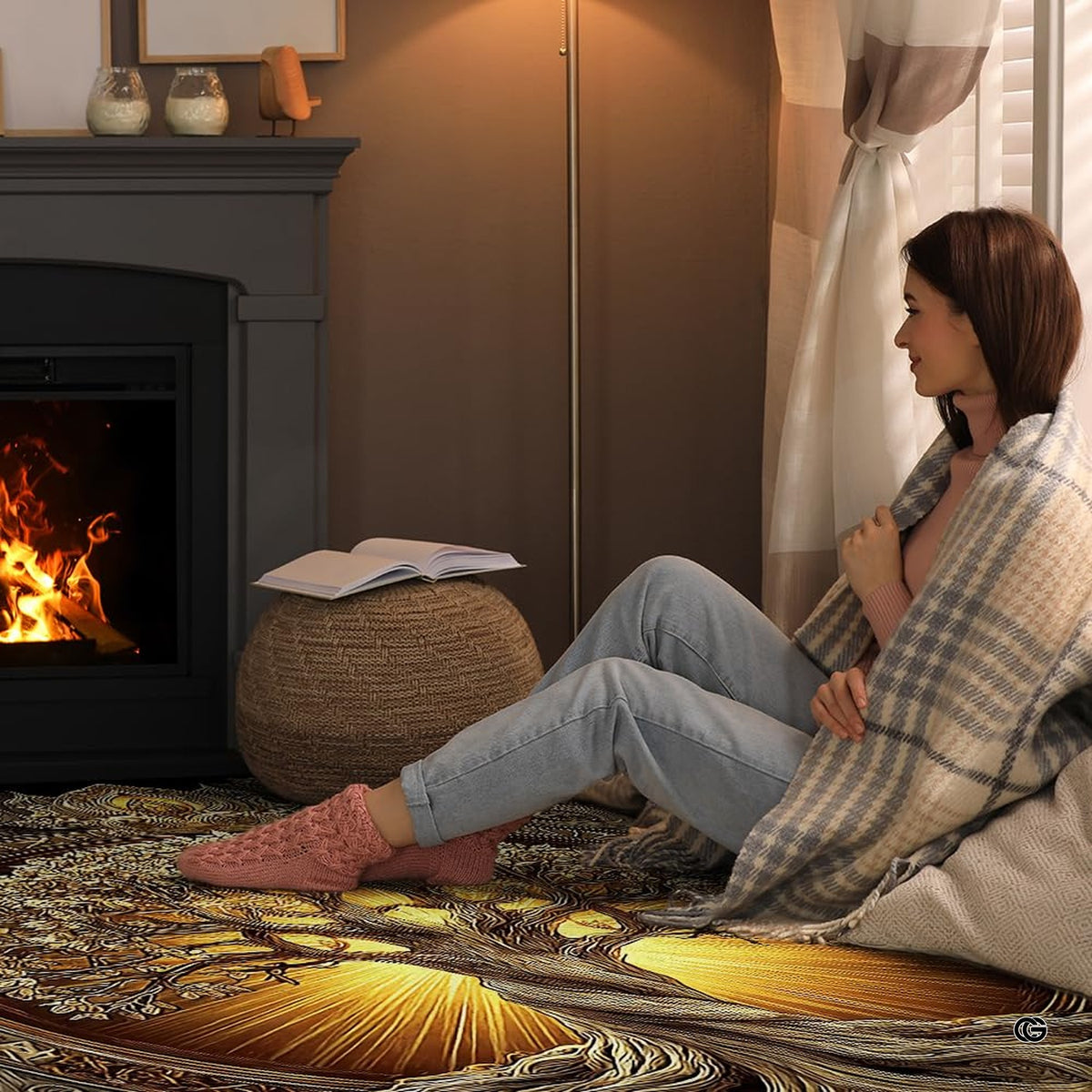Modern living room setting displaying the golden bronze Viking tree of life rug