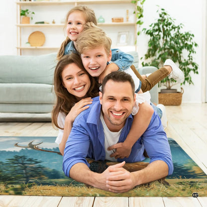 Bull elk mountain meadow area rug styled in modern living room setting - thumbnail image 5 of 7