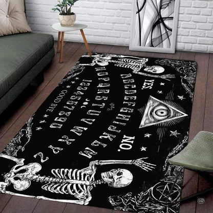 Bedroom seating setting displaying the monochrome skeleton spirit board area rug - thumbnail image 8 of 8