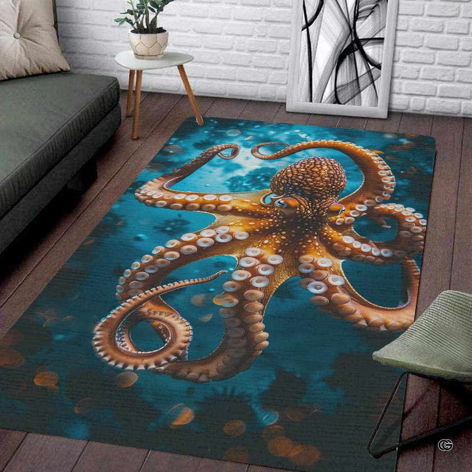 Living room corner view showing the rectangular underwater golden octopus area rug on dark wood floor.
