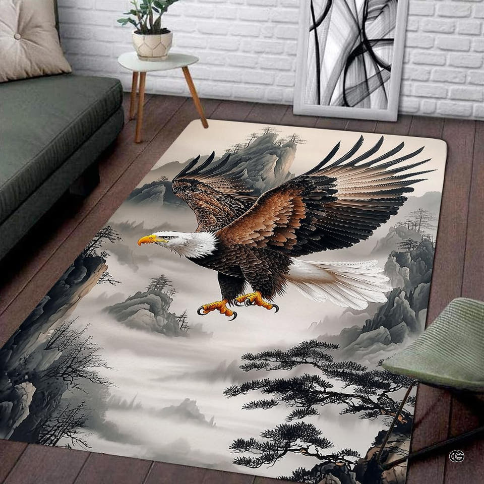 Misty mountain bald eagle ink-wash landscape painting rectangular area rug.