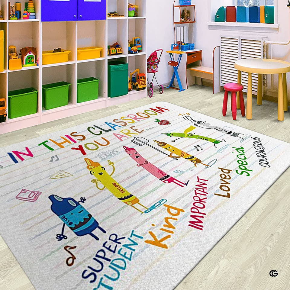 Playroom view displaying an educational rectangular crayon characters area rug on light wooden flooring.