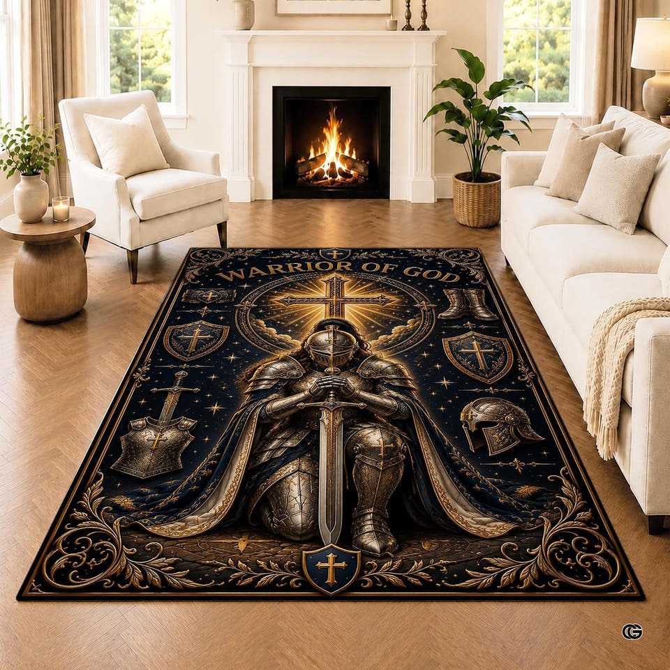 Area rug featuring an armored medieval knight displayed on a parquet hardwood floor.