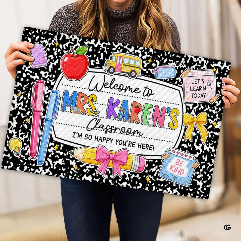 Personalized Teacher Welcome Door Mat with Name, Composition Notebook Style, Perfect Classroom Decor & Back to School Gift for Teachers (Composition Book Let's Learn)