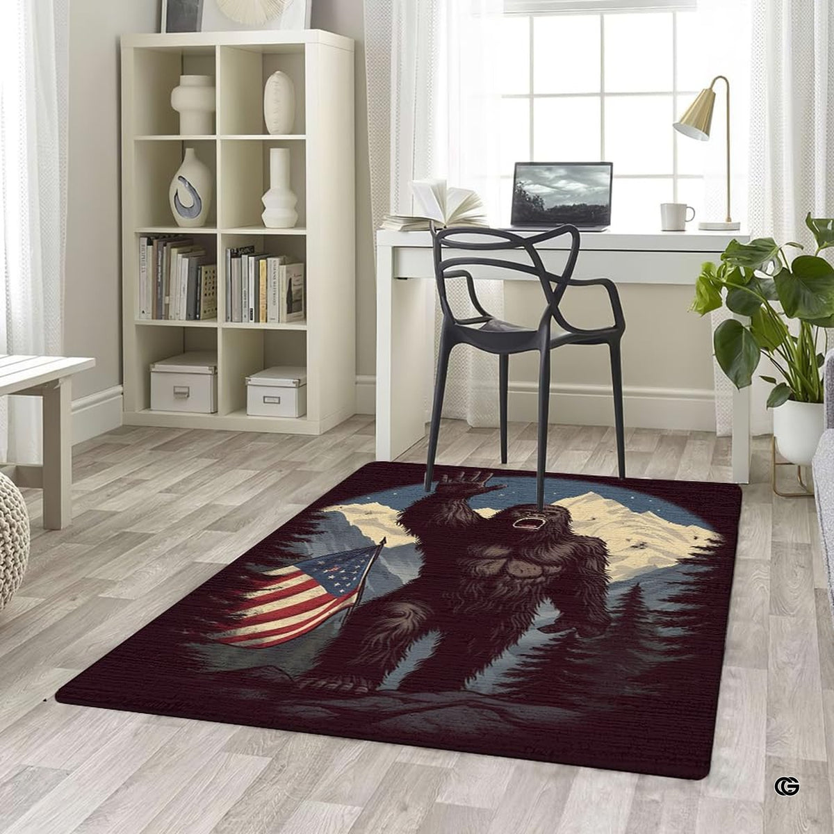 Home office desk setup with swivel chair placed over the waving bigfoot mountain area rug - image 5 of 5