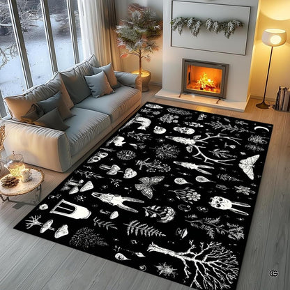 Living room fireplace scene displaying the black and white gothic occult area rug with animal skulls and botanicals - thumbnail image 1 of 8
