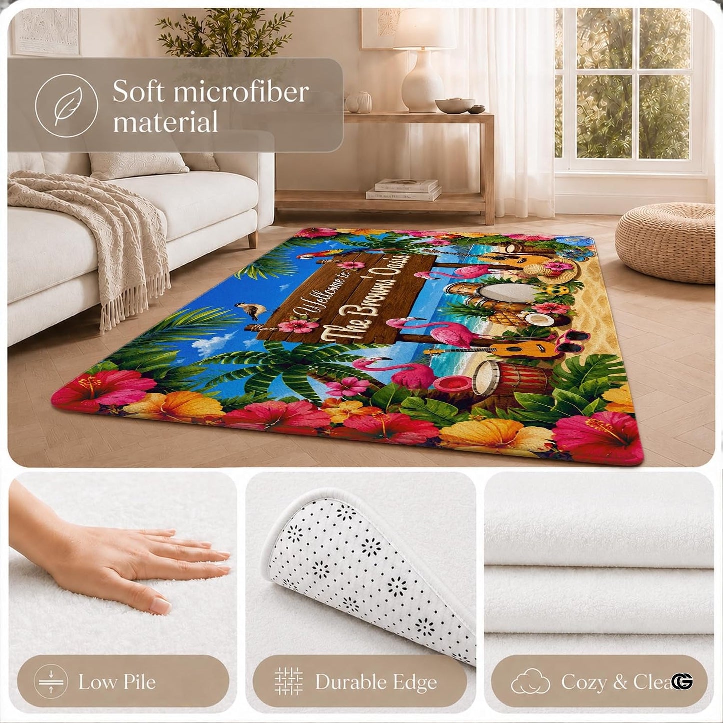 Personalized Tropical Beach Rug, Custom Family Name Tropical Outdoor Rug, Flamingo Surfboard Ocean Area Rug for Living Room, Patio, Beach House Decor, Design 02