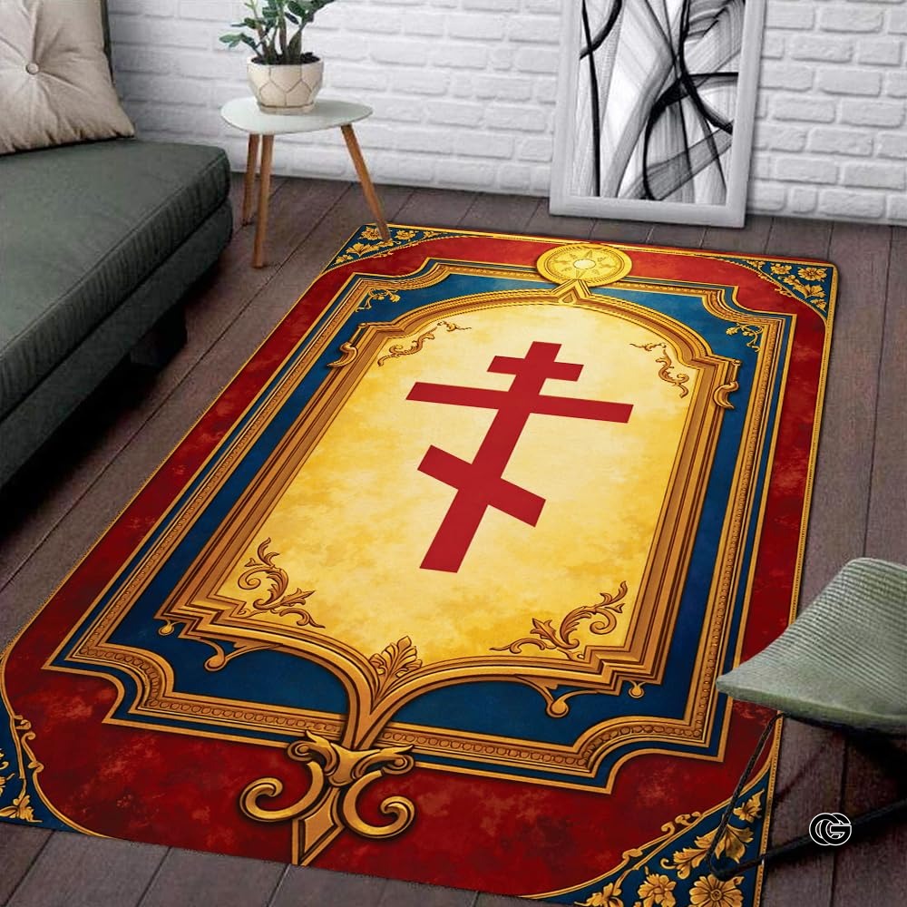 Personalized Orthodox Christian Area Rug, Custom Eastern Orthodox Russian Greek Byzantine Non-Slip Rug for Women Men, IC XC Nika Cross Mat for Living Room, Bedroom, Church Decor (D5)