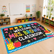 Personalized Teacher Classroom Rug, Custom Back to School Welcome Mat with Name, Kindergarten Preschool Elementary Decor, Composition Notebook Carpet (A12)