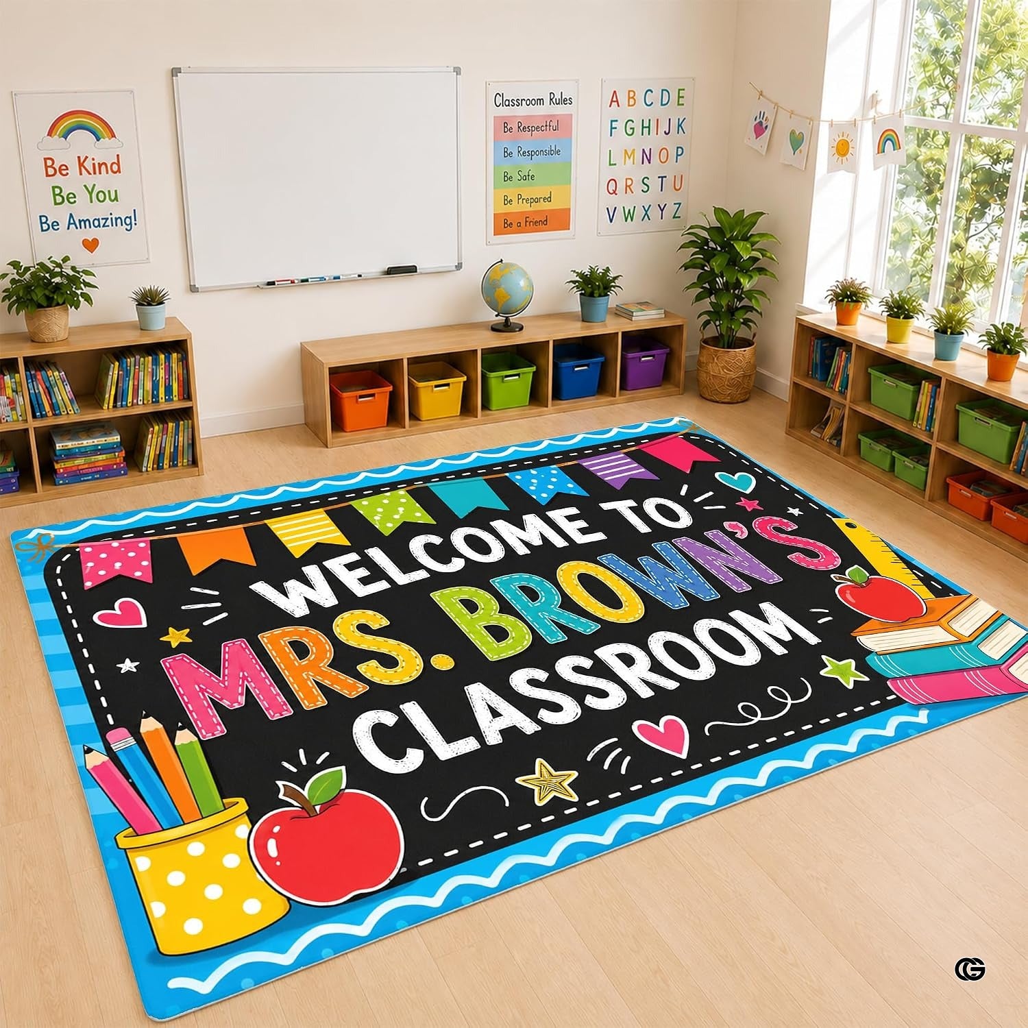 Personalized Teacher Classroom Rug, Custom Back to School Welcome Mat with Name, Kindergarten Preschool Elementary Decor, Composition Notebook Carpet (A12)
