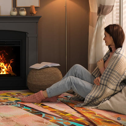 Sunlit living room fireplace setting displaying the three giraffes area rug - thumbnail image 6 of 7