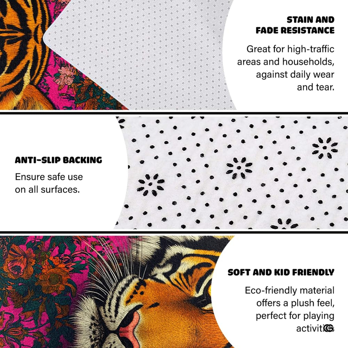 Non-slip grip backing and bound edge stitching on pink floral tiger area rug - image 4 of 8