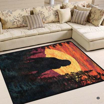 Angled perspective of woodland creature rug highlighting bold dusk gradients and dark evergreen pine tree silhouettes. - thumbnail image 2 of 5