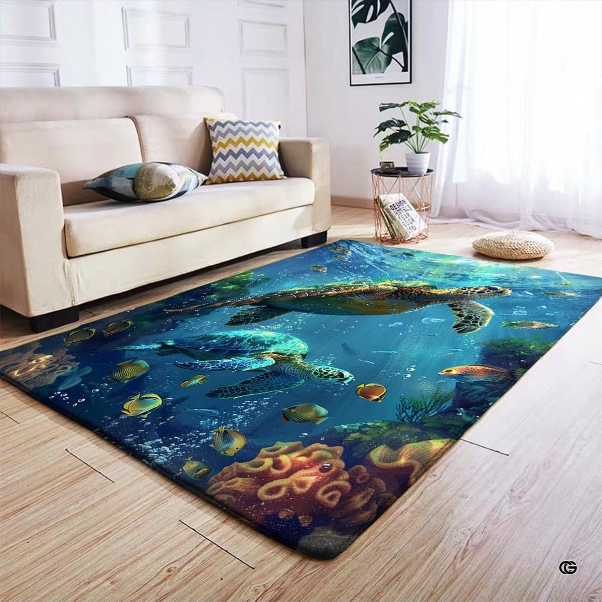 Coral reef sea turtle area rug styled on hardwood flooring in living room. - image 4 of 7