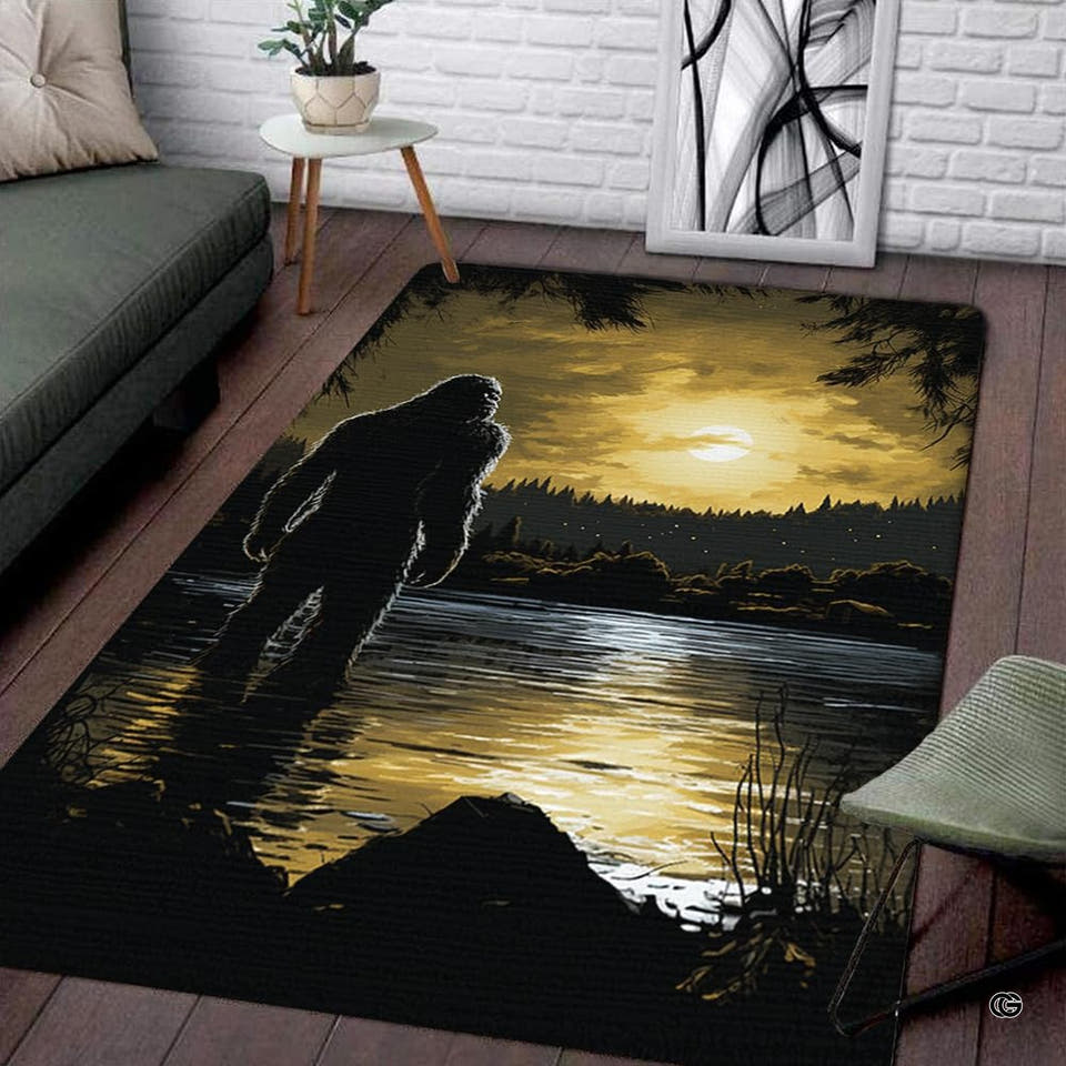 Bigfoot lake sunset outdoor camping rugs 8x10 area rug displaying a Sasquatch silhouette near water.