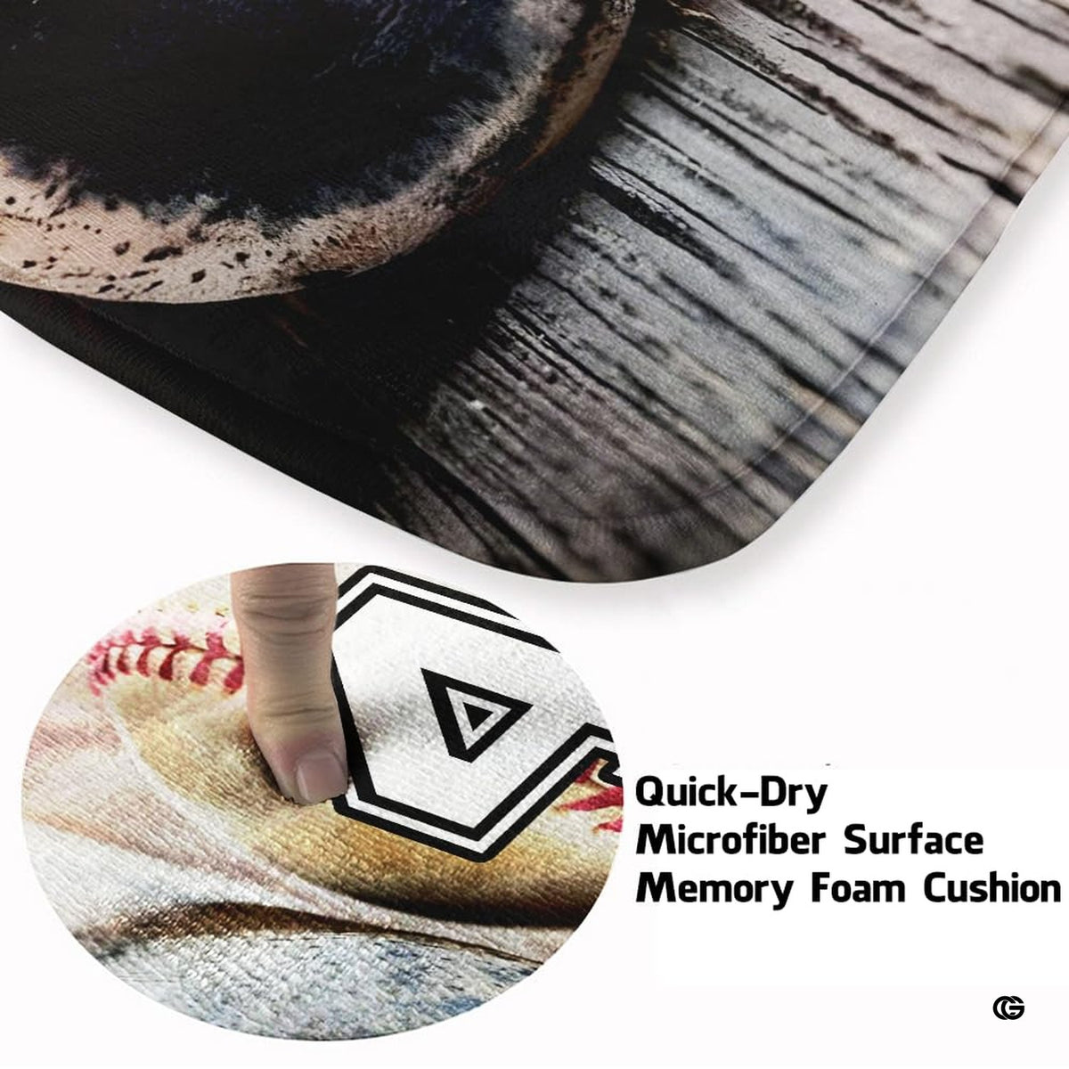 Overhead view of vintage sports area rug with baseball bat and ball graphic displayed on weathered rustic planks.