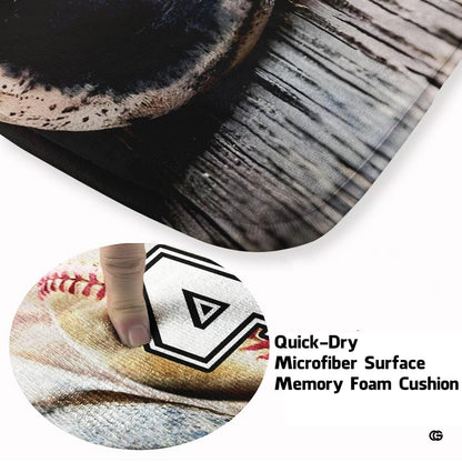 Overhead view of vintage sports area rug with baseball bat and ball graphic displayed on weathered rustic planks. - thumbnail image 3 of 8
