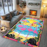 Living room seating arrangement with roaring fireplace and beach flamingo rug on light hardwood - thumbnail image 5 of 8