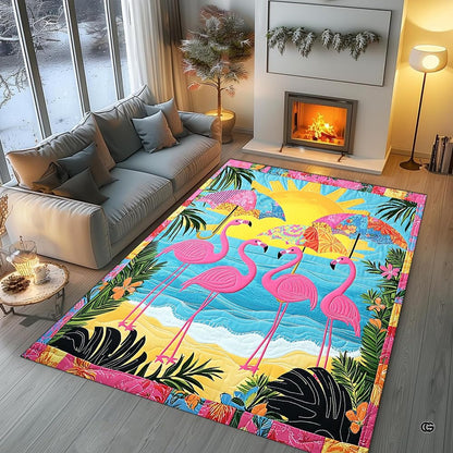 Living room seating arrangement with roaring fireplace and beach flamingo rug on light hardwood - thumbnail image 5 of 8