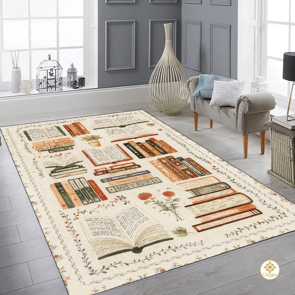 Custom Vintage Book Doormat with Floral Details and Cat Design