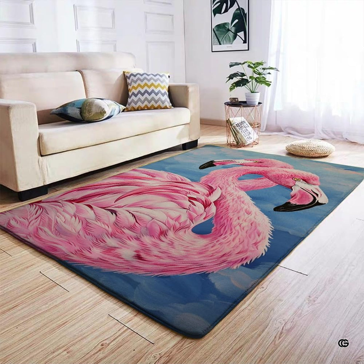 Non-slip rubber backing and bound edge stitching on pink flamingo floor rug - image 4 of 7