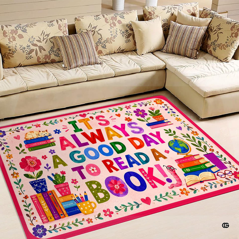 Storytime library floral rectangular area rug positioned on polished floor in front of an upholstered sectional sofa.