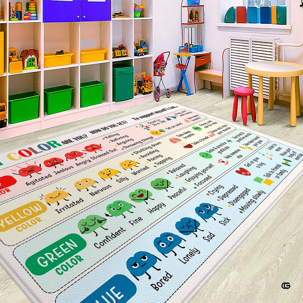 Classroom calming corner mockup highlighting the feelings self-regulation chart floor mat