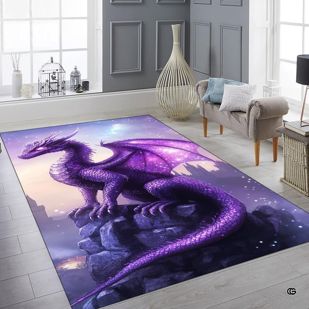Angled view of shining area rug presenting rich indigo and lavender dragon artwork.