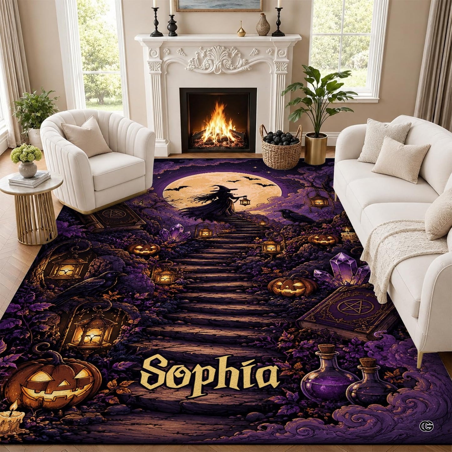 Personalized Witch Area Rug with Name - Custom Halloween Rug, Black Cat & Raven Floor Carpet, Spooky Gothic Home Decor, Non Slip Rugs (Style 6)