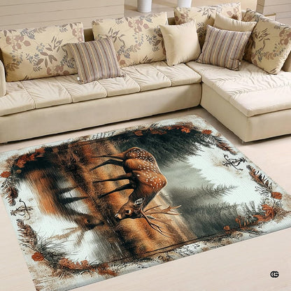 Scenic woodland buck floor rug accent displayed on timber plank boards for cheap cabin flooring ideas. - thumbnail image 4 of 5