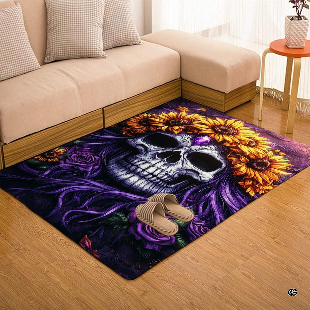 Gothic skull area rug placed alongside living room couch and accent furniture. - image 7 of 7