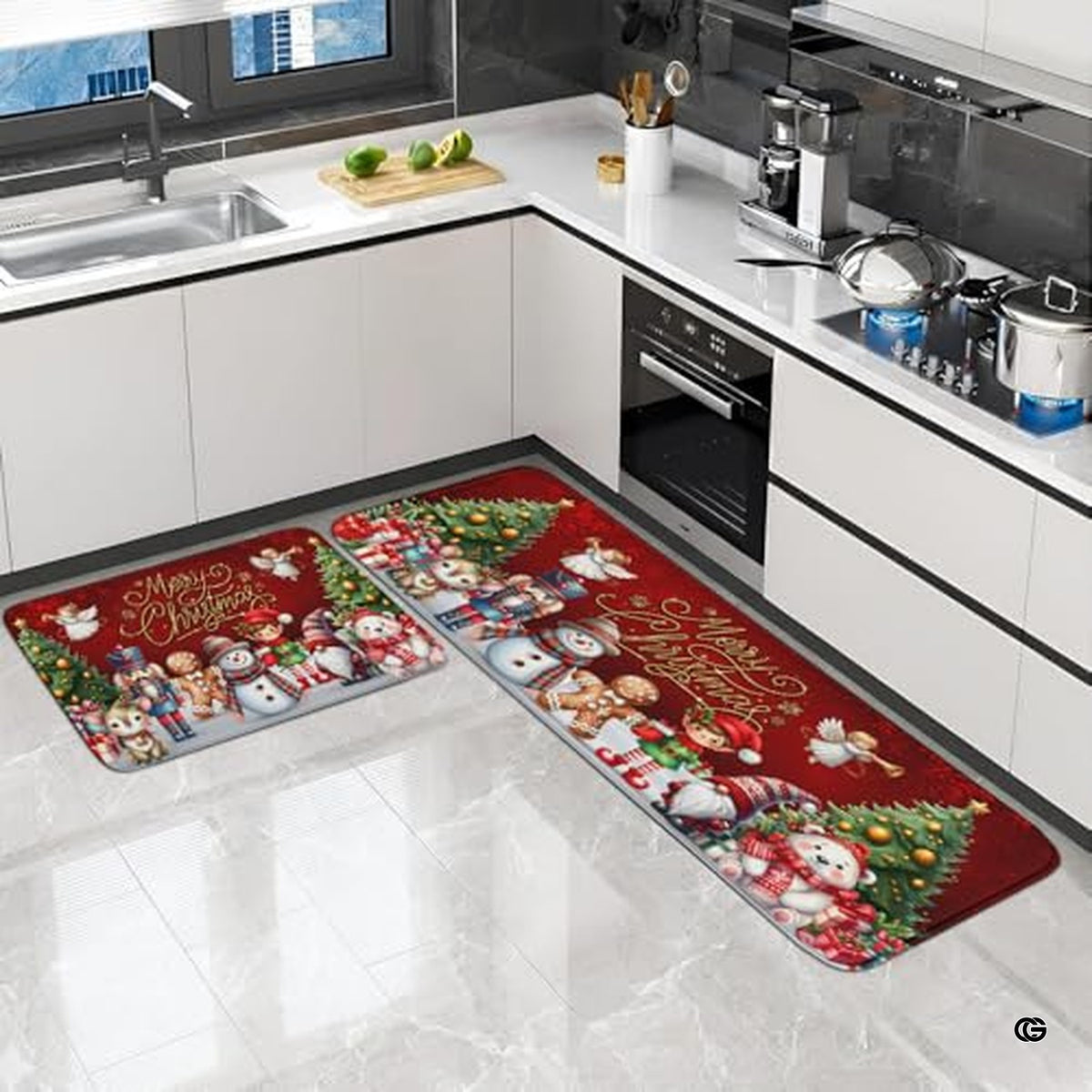 Festive Merry Christmas holiday hallway runner rug with nutcracker, snowman, and holiday friends. (Angle 3) - image 3 of 7