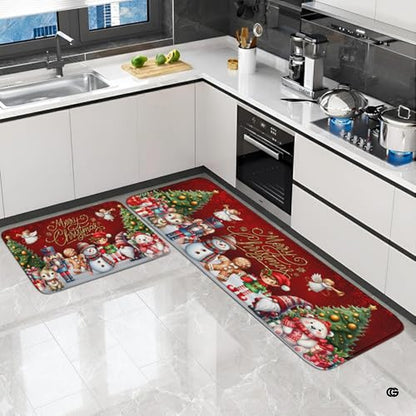 Festive Merry Christmas holiday hallway runner rug with nutcracker, snowman, and holiday friends. (Angle 3) - thumbnail image 3 of 7