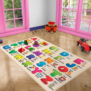 Playroom reading nook decorated with an alphabet chart educational play mat area rug and contemporary kids seating. - thumbnail image 7 of 8